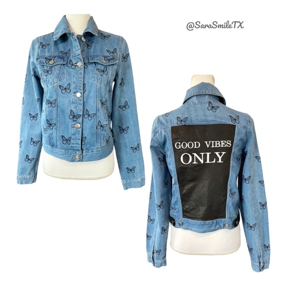 SAMANTHA SIPOS - Good Vibes Only - Embroidered Butterfly Denim & Leather Jacket - Picture 1 of 16